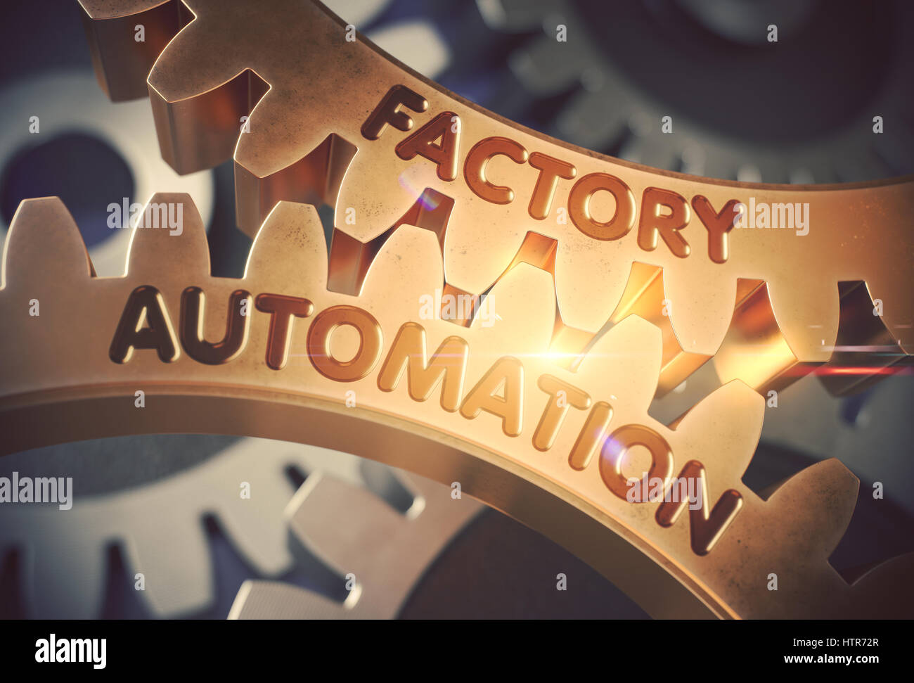 Factory Automation auf der goldenen Zahnräder. 3D Illustration. Stockfoto