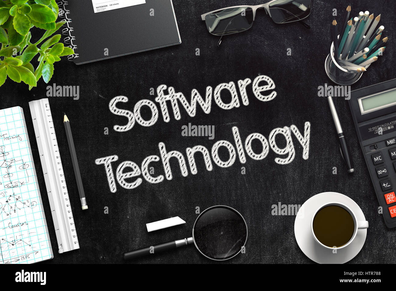 Software-Technologie an schwarzen Tafel. 3D-Rendering. Stockfoto