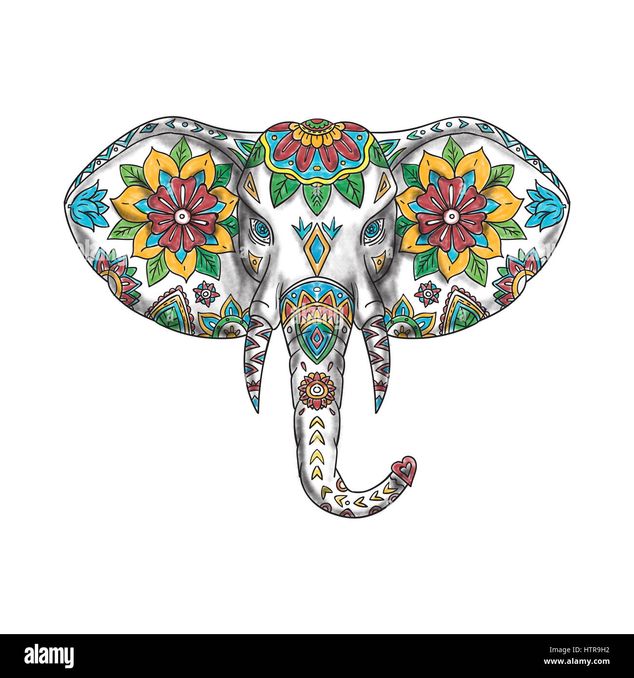 Tattoo-Stil Abbildung von einem Elefantenkopf von vorne am isolierten weißen Hintergrund betrachtet. Stockfoto
