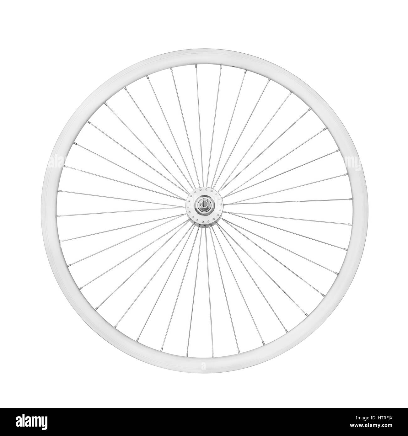 Aluminium-Fahrrad-Rad ohne Reifen. Ansicht von oben, isoliert auf weiss, Clipping-Pfad enthalten Stockfoto