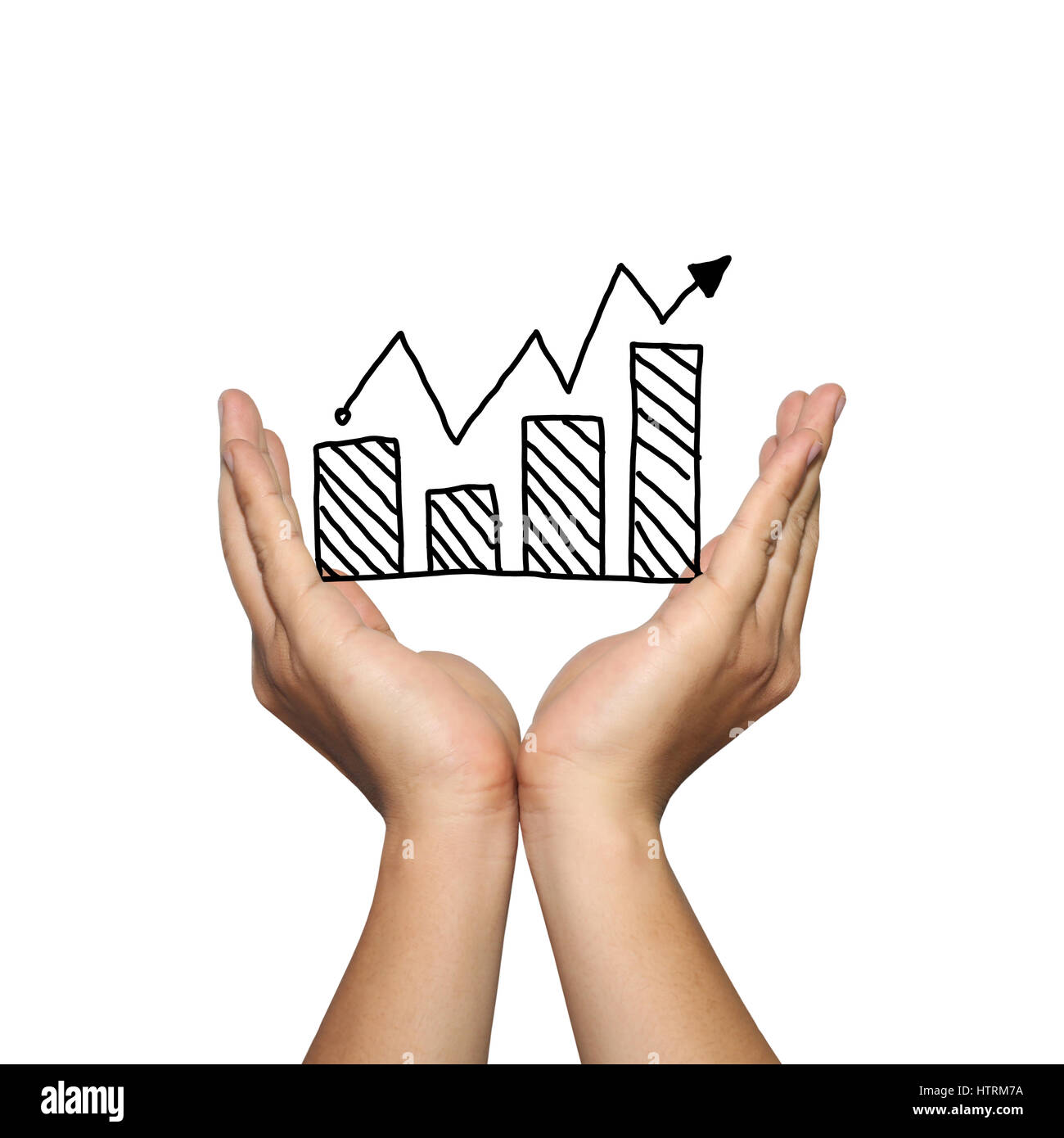 Symbol für Geschäft Balkendiagramm wachsenden Trend auf Mann hand im Konzept der Präsentation oder Werbeträger Ihrer Organisation isoliert auf weißem Zeitmessung Stockfoto