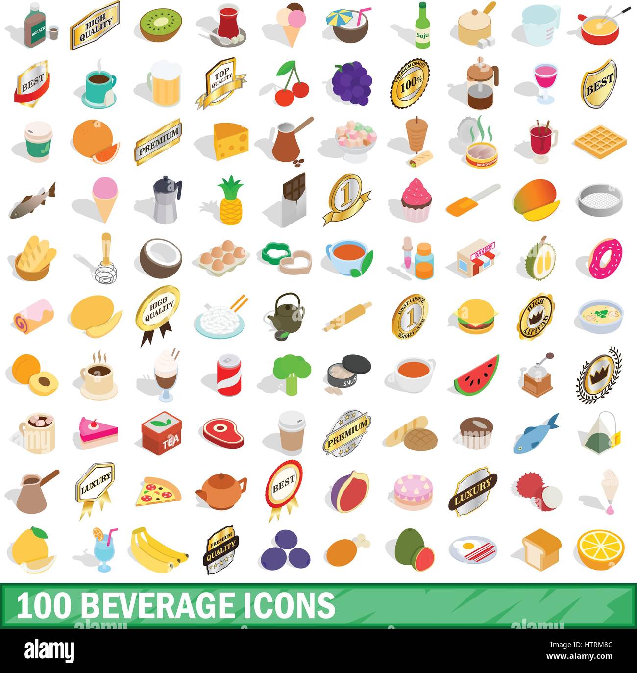 100 Getränke Icons Set, isometrischen 3d Stil Stock Vektor