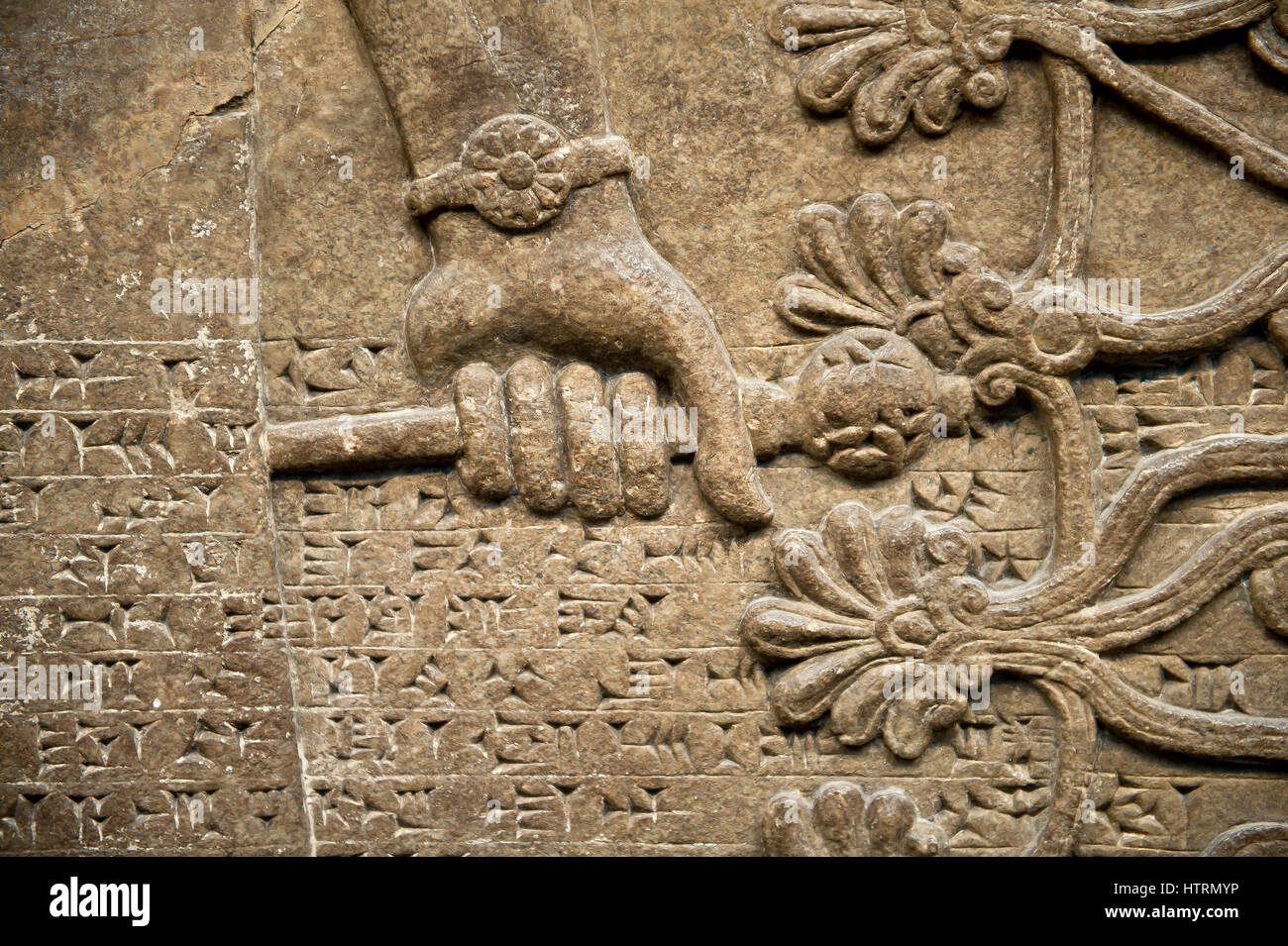 Assyrischen Relief Skulptur Panel Detail eine Hand mit einer Keule.  Aus Nimrud, Irak, 865-860 v. Chr. Nord-West-Palast.   British Museum assyrische Archäologie Stockfoto