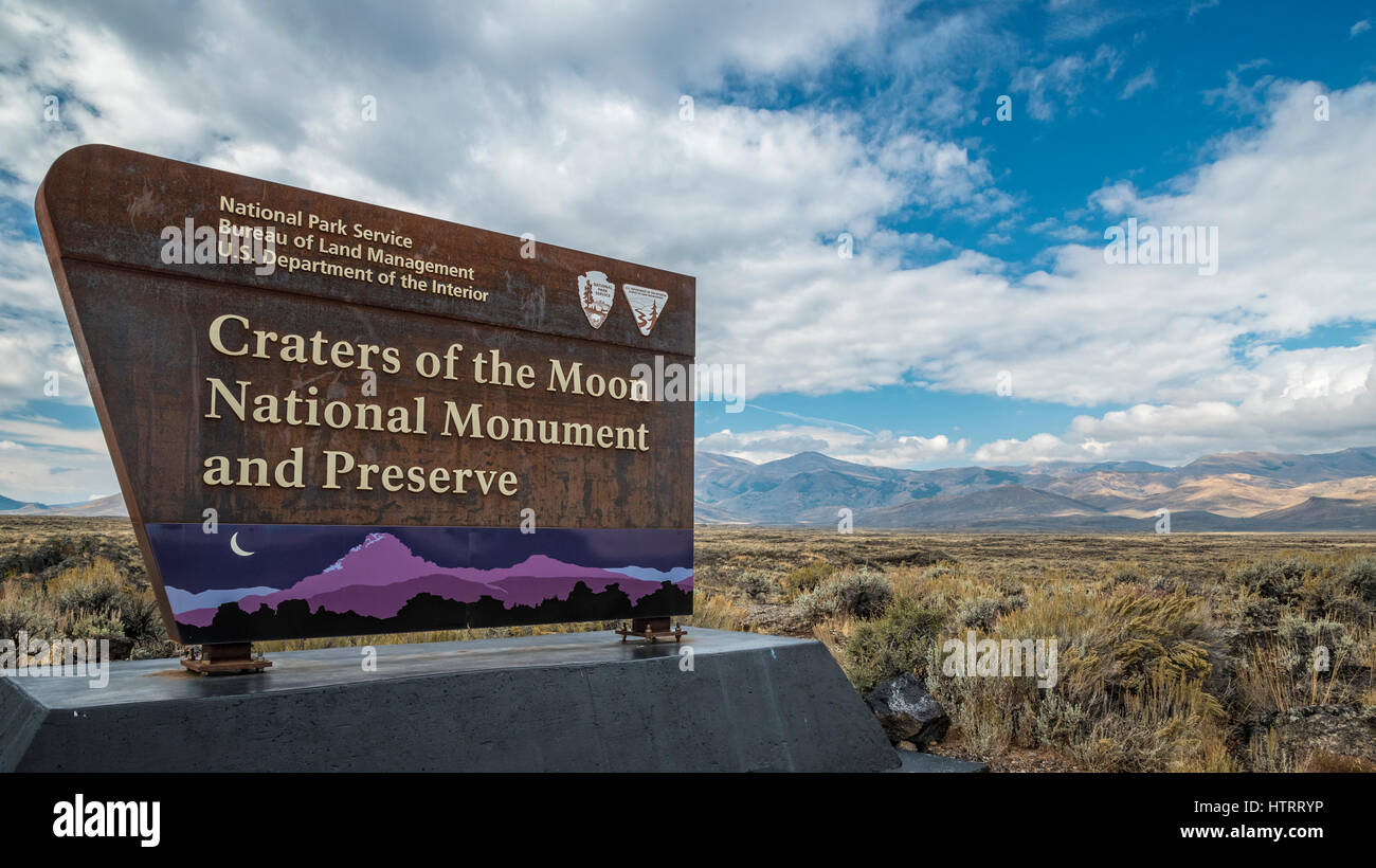 Eintrag Schild am Krater des Moon National Monument und Preserve, Idaho, USA. Stockfoto