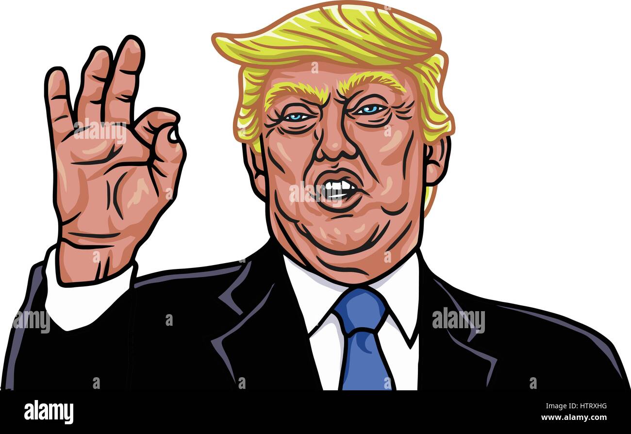 Der 45. Präsident der Vereinigten Staaten. Karikatur-Cartoon-Porträt von Donald Trump. Vektor-Illustration. 21. Februar 2017 Stock Vektor