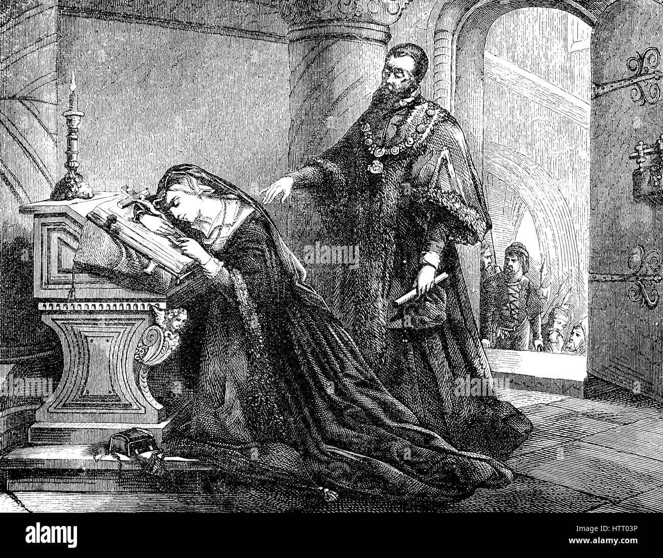 Die letzten Momente im Leben von Mary, Queen of Scots, 8 Dezember 1542-8 Februar 1587, auch bekannt als Mary Stuart oder Mary I von Schottland, regierte über Schottland von 14 Dezember 1542 bis 24 Juli 1567, Reproduktion von einem Holzschnitt aus dem Jahr 1880, digital verbessert Stockfoto