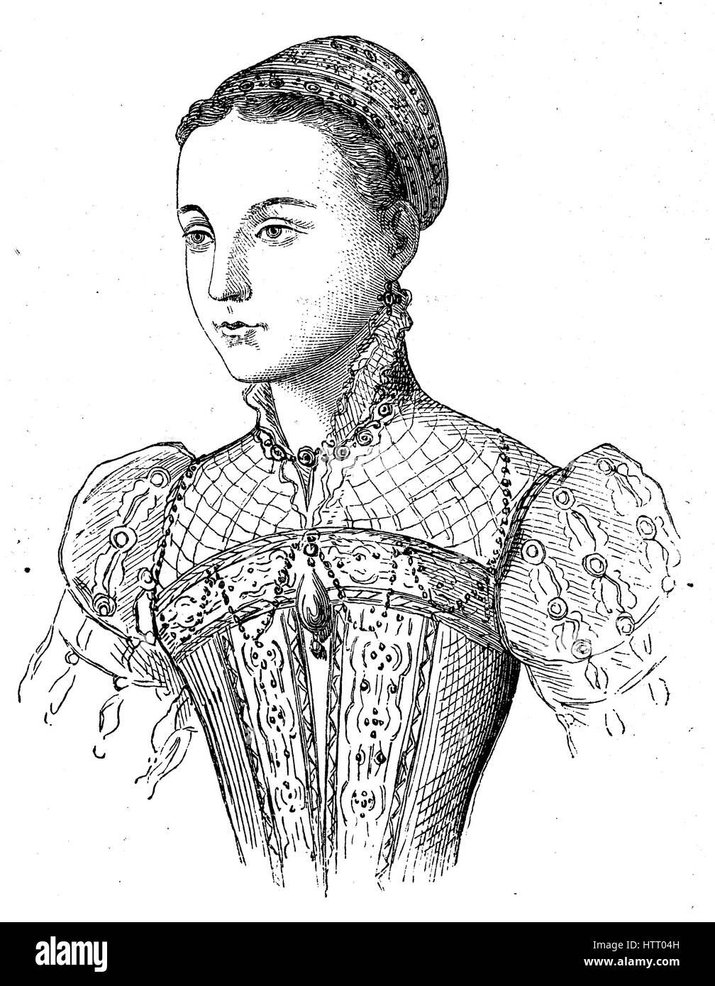 Mary, Queen of Scots, 8 Dezember 1542-8 Februar 1587, auch bekannt als Mary Stuart oder Mary I von Schottland, regierte über Schottland von 14 Dezember 1542 bis 24 Juli 1567, Reproduktion von einem Holzschnitt aus dem Jahr 1880, digital verbessert Stockfoto