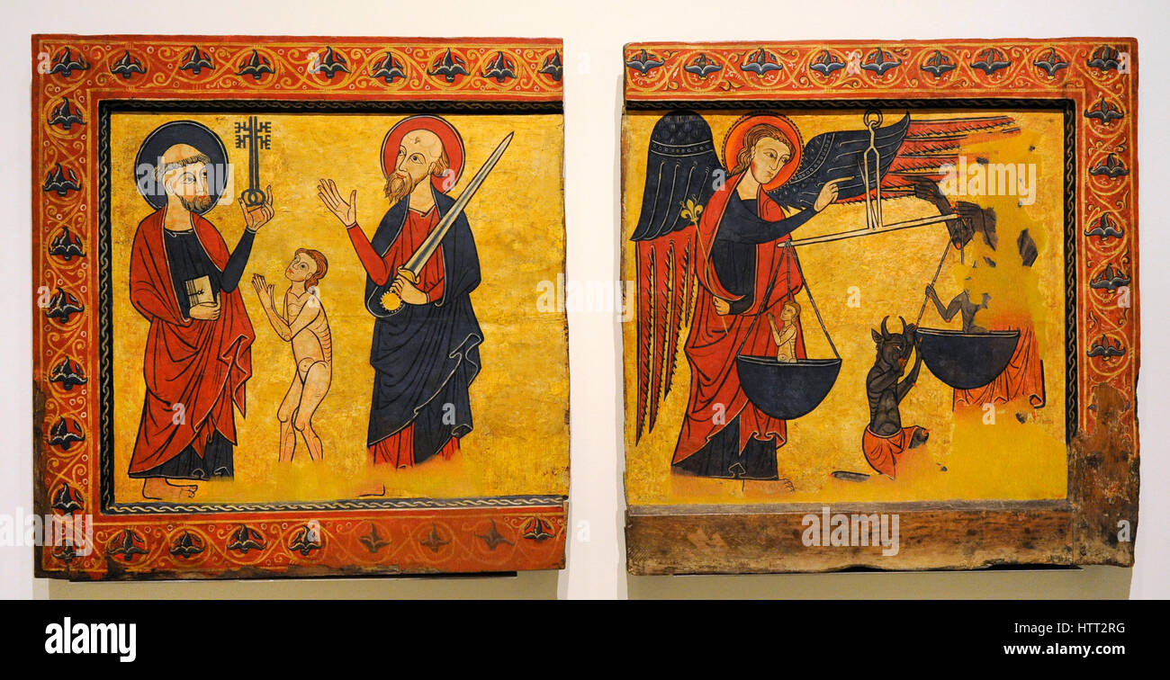 Meister der Soriguerola (aktive späten 13. Jahrhundert bis Anfang 14. Jahrhundert). Seitenwand Altar Darstellung eine Bittsteller Seele zwischen St. Peter und St. Paul und St. Michael mit einem Gewicht von Seelen. Anfang des 14. Jahrhunderts. Von der Pfarrkirche von Sant Cristófol de Toses (Provinz Girona). Nationalen Kunstmuseum von Katalonien. Barcelona. Katalonien. Spanien. Stockfoto