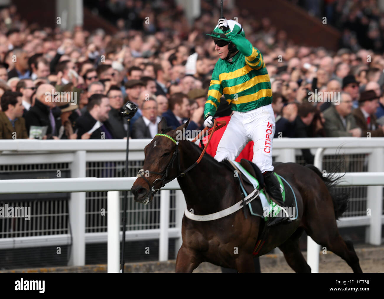 Jockey Noel Fehily an Bord Buveur D'air feiert die 15:30 zu gewinnen Stan James Champion Hurdle Challenge Trophy Champion tagsüber von 2017 Cheltenham Festival in Cheltenham Racecourse. Stockfoto