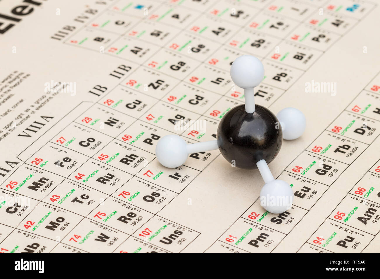 Kugel-und-stick Modell von Methan (CH4) mit dem Periodensystem der Elemente im Hintergrund. Stockfoto