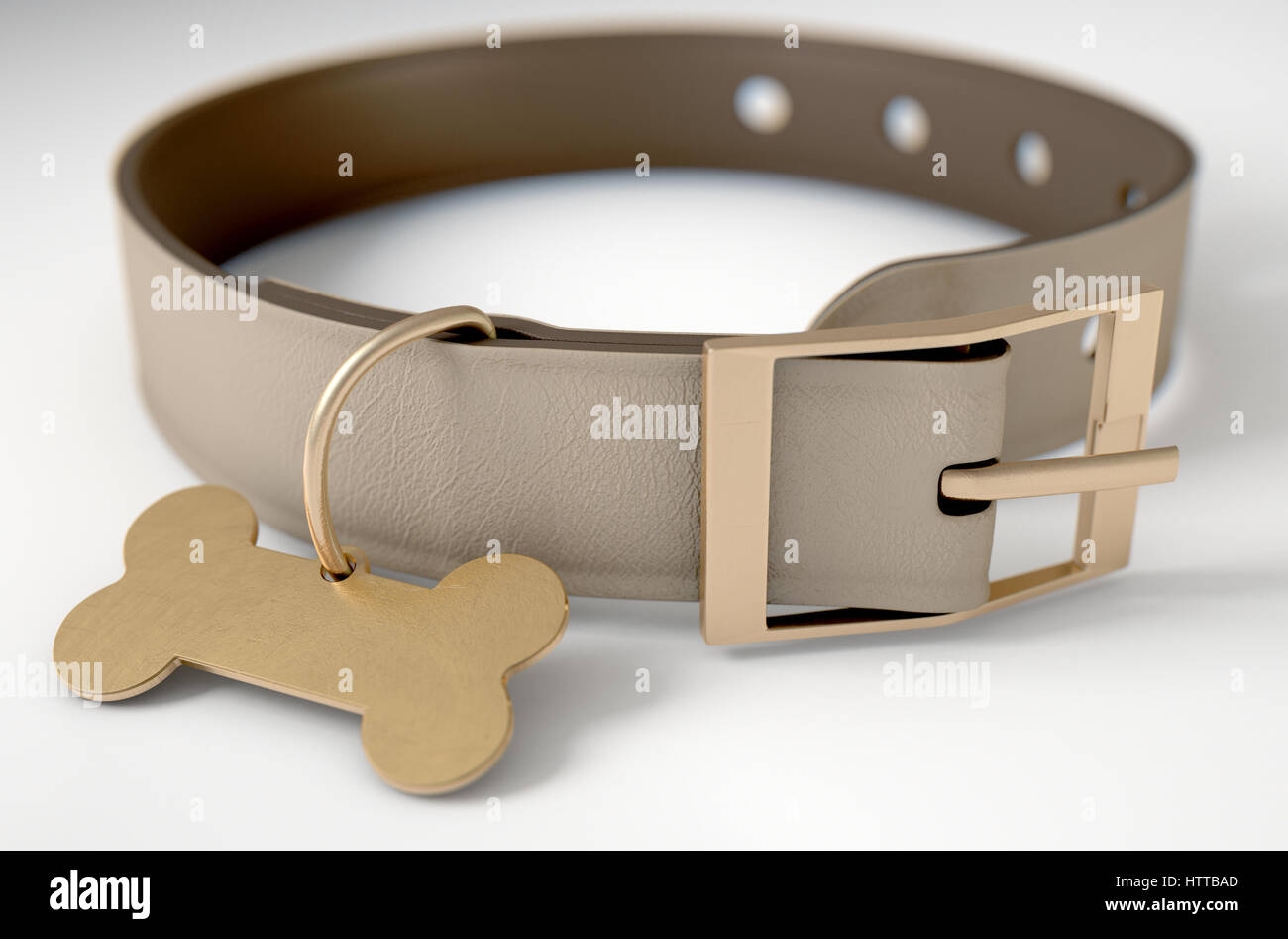 Ein dunkelbraunes Leder Hundehalsband mit einem Messing-Knochen geformt Erkennungsmarke isoliert auf einem weißen Studio-Hintergrund - 3D render Stockfoto