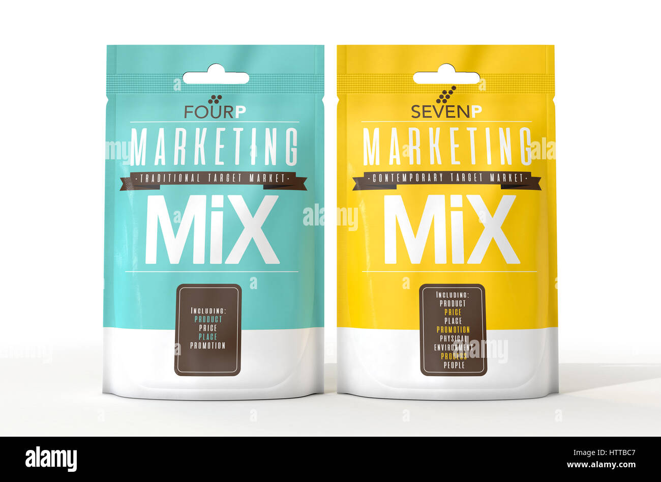 Zwei verderbliche Pakete von einem Konzept Produkt namens Marketingmix vergleicht man die 4 und 7 P-Strategien - 3D render Stockfoto