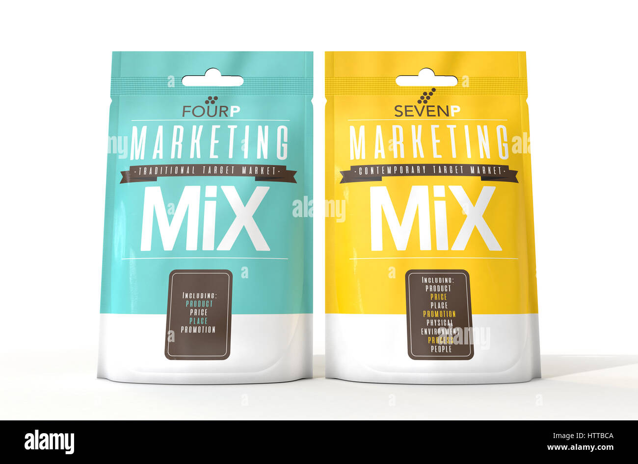 Zwei verderbliche Pakete von einem Konzept Produkt namens Marketingmix vergleicht man die 4 und 7 P-Strategien - 3D render Stockfoto