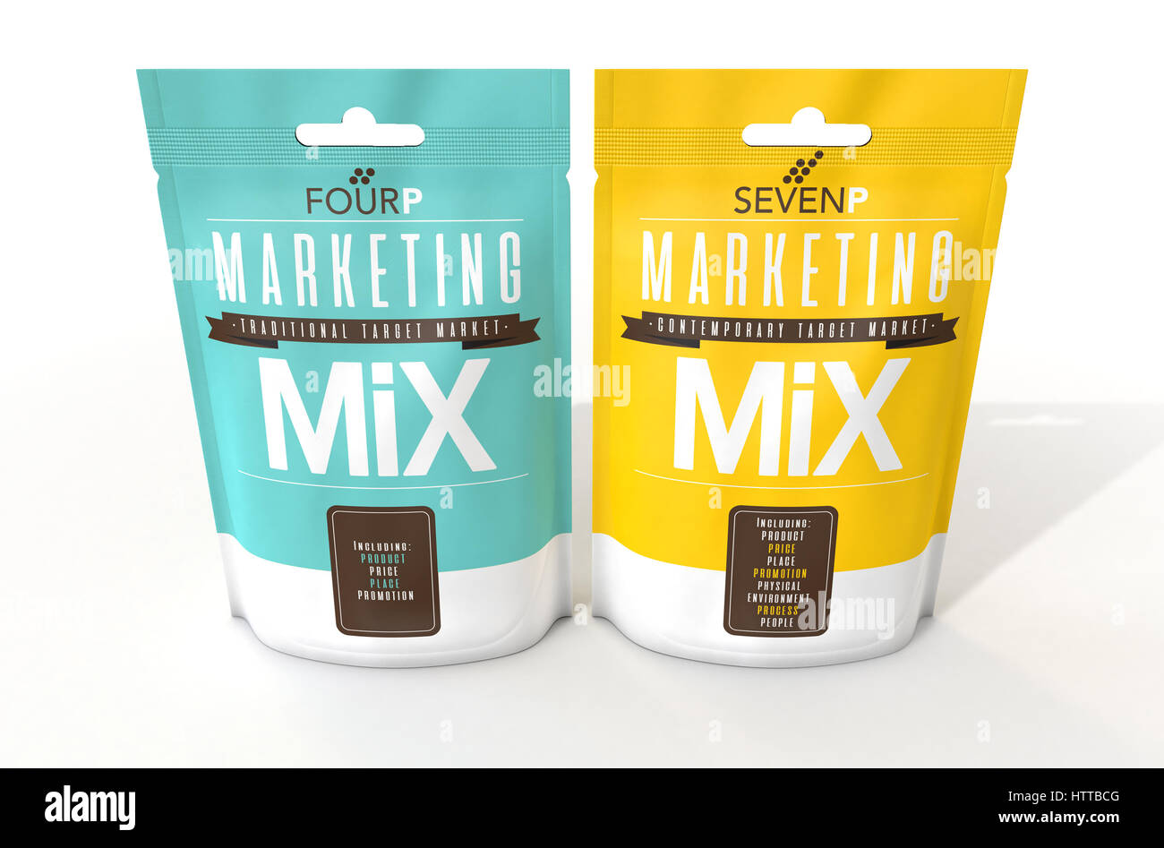 Zwei verderbliche Pakete von einem Konzept Produkt namens Marketingmix vergleicht man die 4 und 7 P-Strategien - 3D render Stockfoto