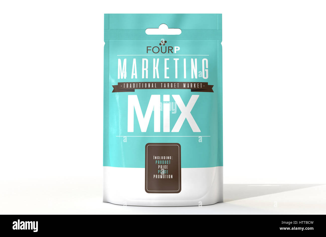 Als leicht verderbliche Paket eines Konzept-Produkts bezeichnet, Marketing-Mix aus den vier P-Zutaten Produkt Preis und Promotion - 3D Rende besteht Stockfoto