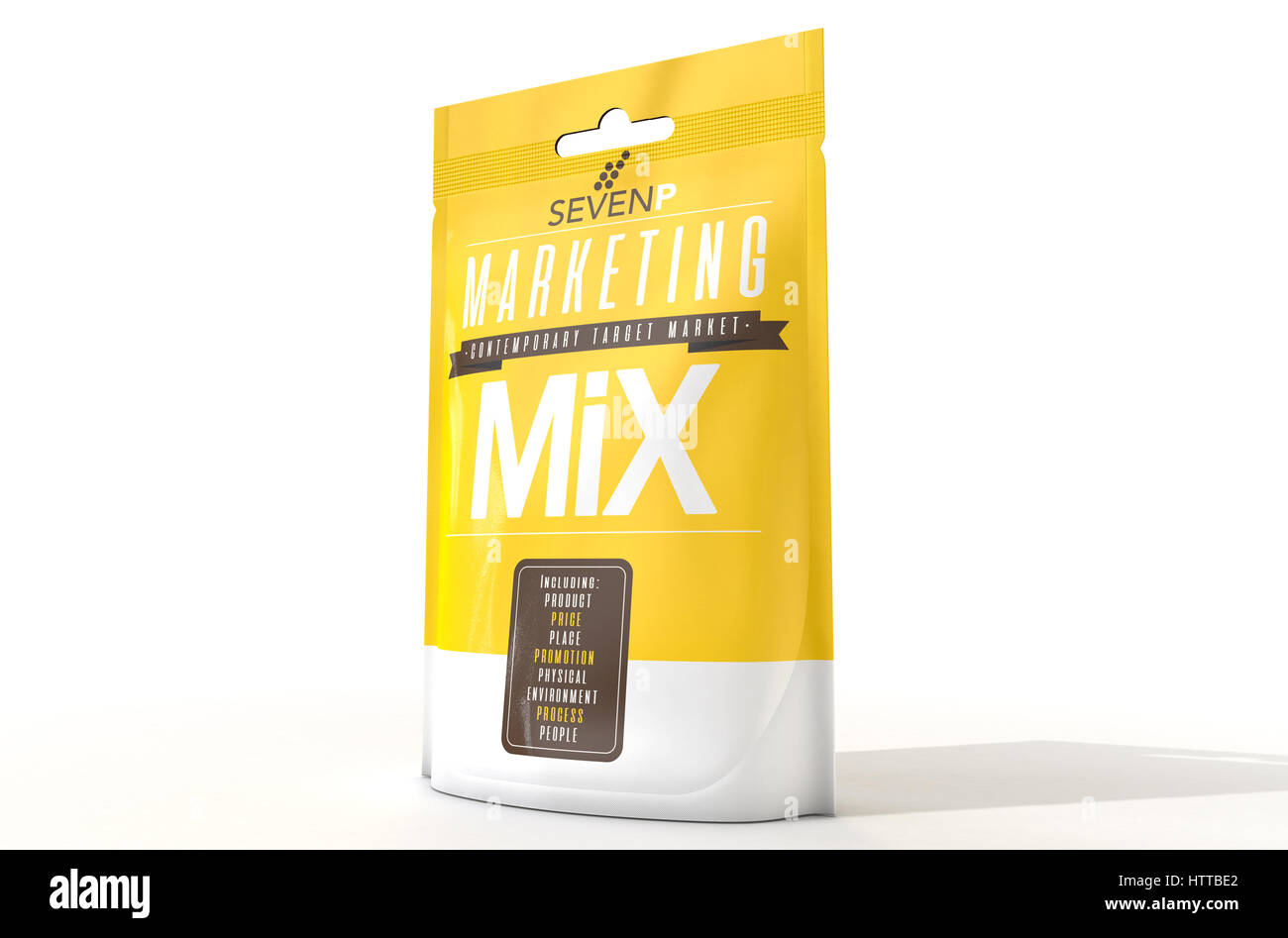 Als leicht verderbliche Paket eines Konzept-Produkts bezeichnet, Marketing-Mix aus den sieben P Zutaten Produkt Preis statt Förderung Umwelt p besteht Stockfoto