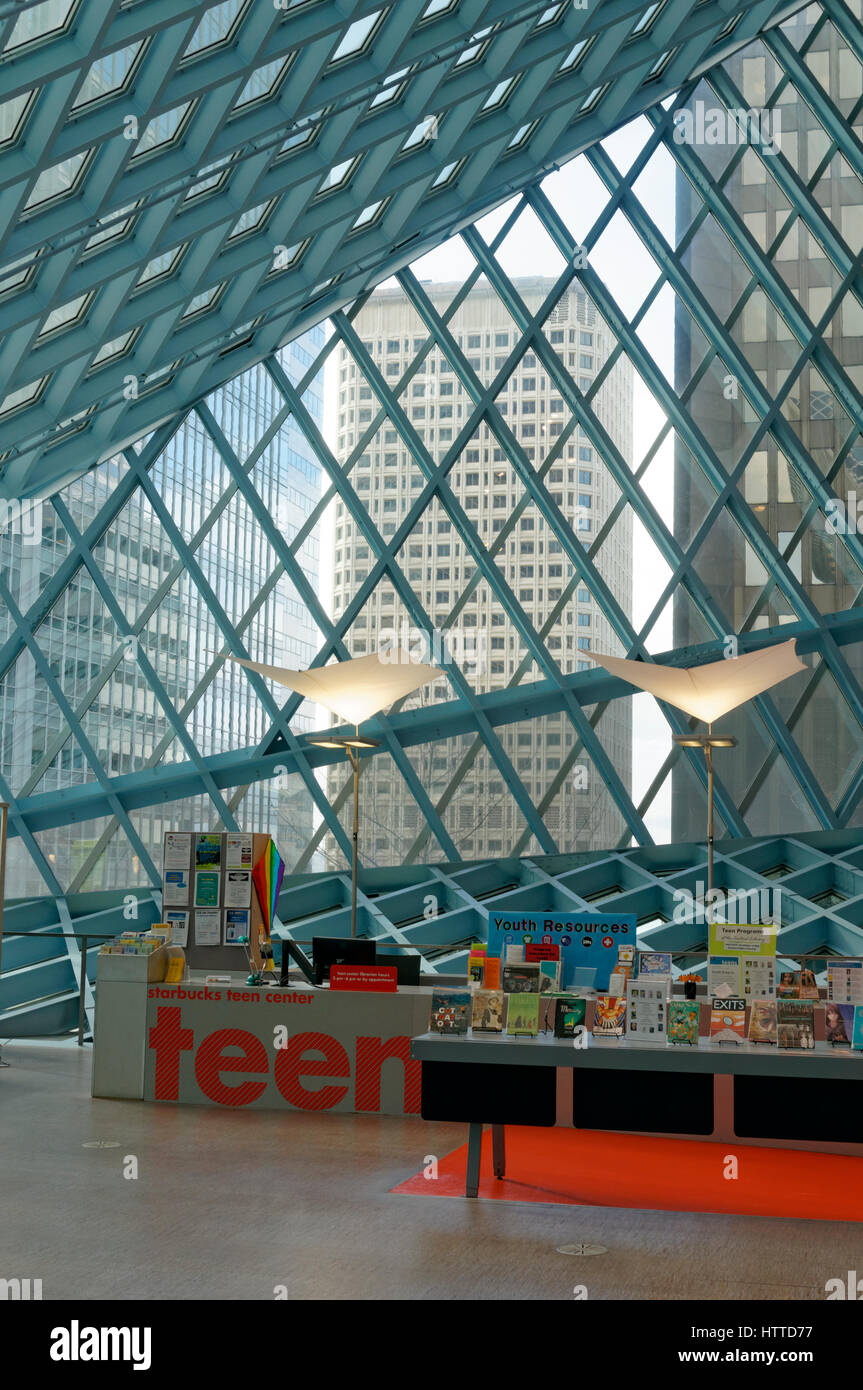 Starbucks Teen Center auf Ebene 3 im Seattle Central Library Gebäude in der Innenstadt von Seattle, Washington State, USA Stockfoto