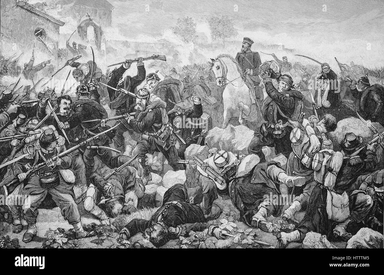 Militärische Menschen in Franco-Preussischer Krieg 1870 - 1871, Sturm der Garde auf Gravelotte in Frankreich Bataille de Saint-Privat genannt, war eine Schlacht im deutsch-französischen Krieg, Reproduktion von einem Holzschnitt aus dem Jahr 1882, digital verbessert Stockfoto