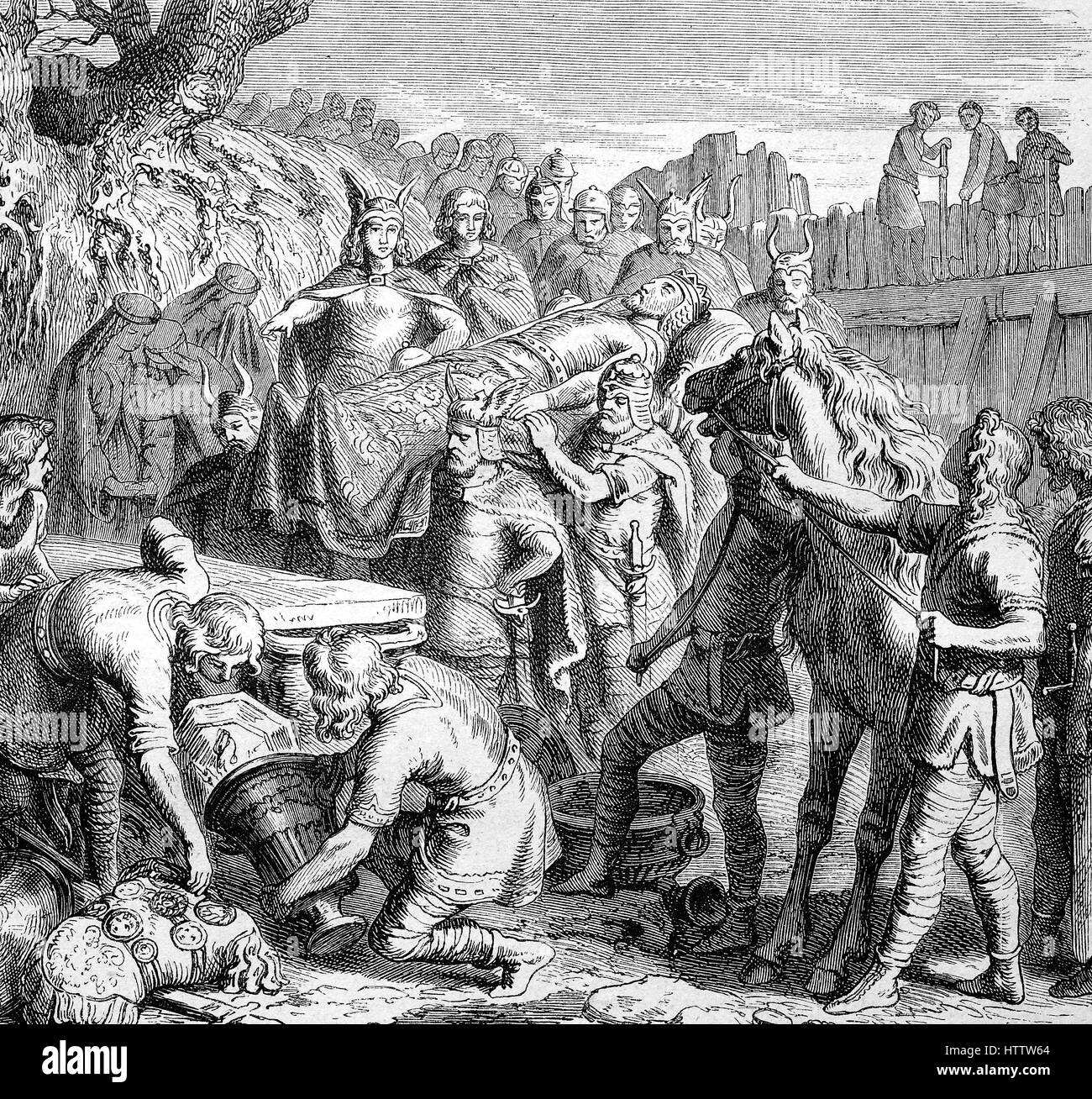 Das Begräbnis des westgotischen König Alarich, 370-410, im Flussbett des Busento, Italien, Reproduktion von einem Holzschnitt aus dem Jahr 1882, digital verbessert Stockfoto
