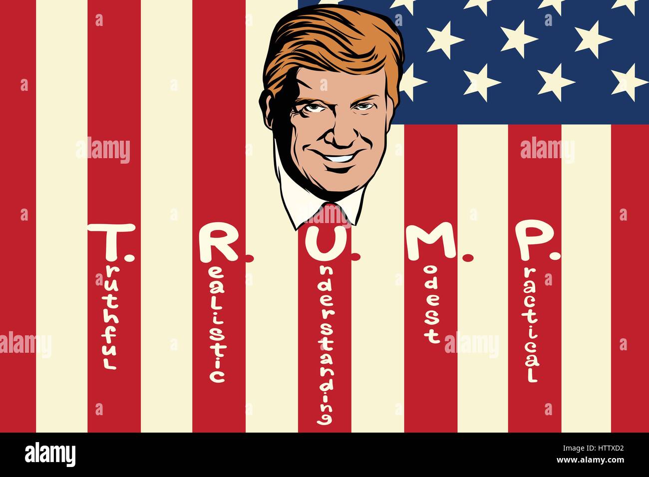 Donald Trump Präsident der Vereinigten Staaten. Wahrheitsgemäße realistisches Verständnis bescheiden praktisch. Retro Comic Buch Style Pop Art Retro-Abbildung colo Stock Vektor