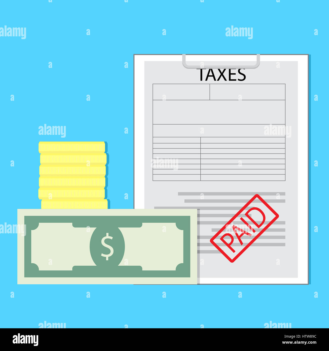 Bezahlte Steuern Vektor. Finance Papierdokument, Abbildung der Zahlung Geld illustration Stockfoto