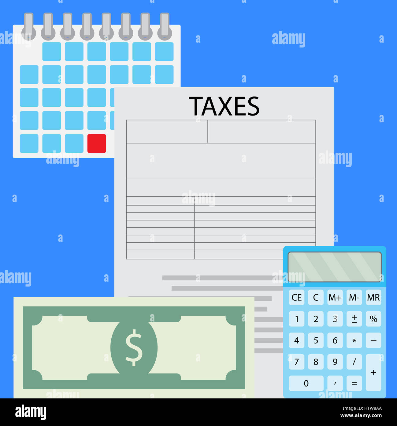 Zählen Steuern Vektor. Finanz-und Rechnungswesen, Wirtschaft und Rechner mit Banknote illustration Stockfoto
