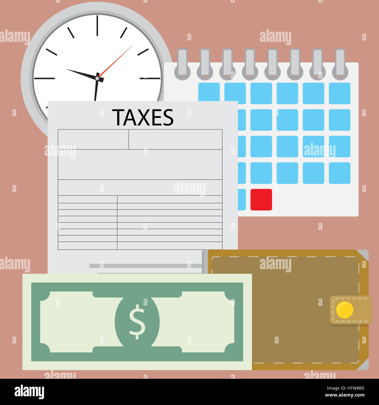 Zeit für Steuern zahlen. Währungszahlung, Buchhaltung und irs, finanzielle Besteuerung, Vektor-Illustration Stockfoto
