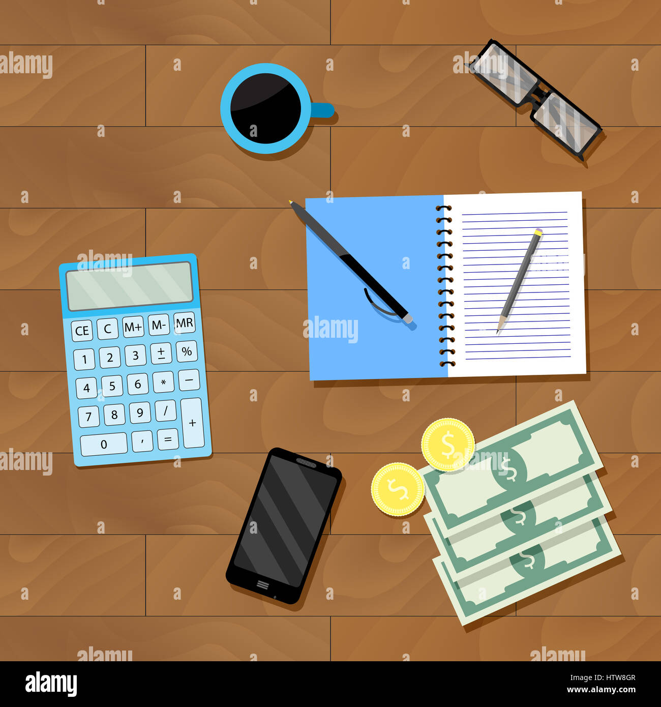 Ansicht von oben Geld zählen. Finanzbuchhaltung, Investitionen Geld. Vektor-illustration Stockfoto