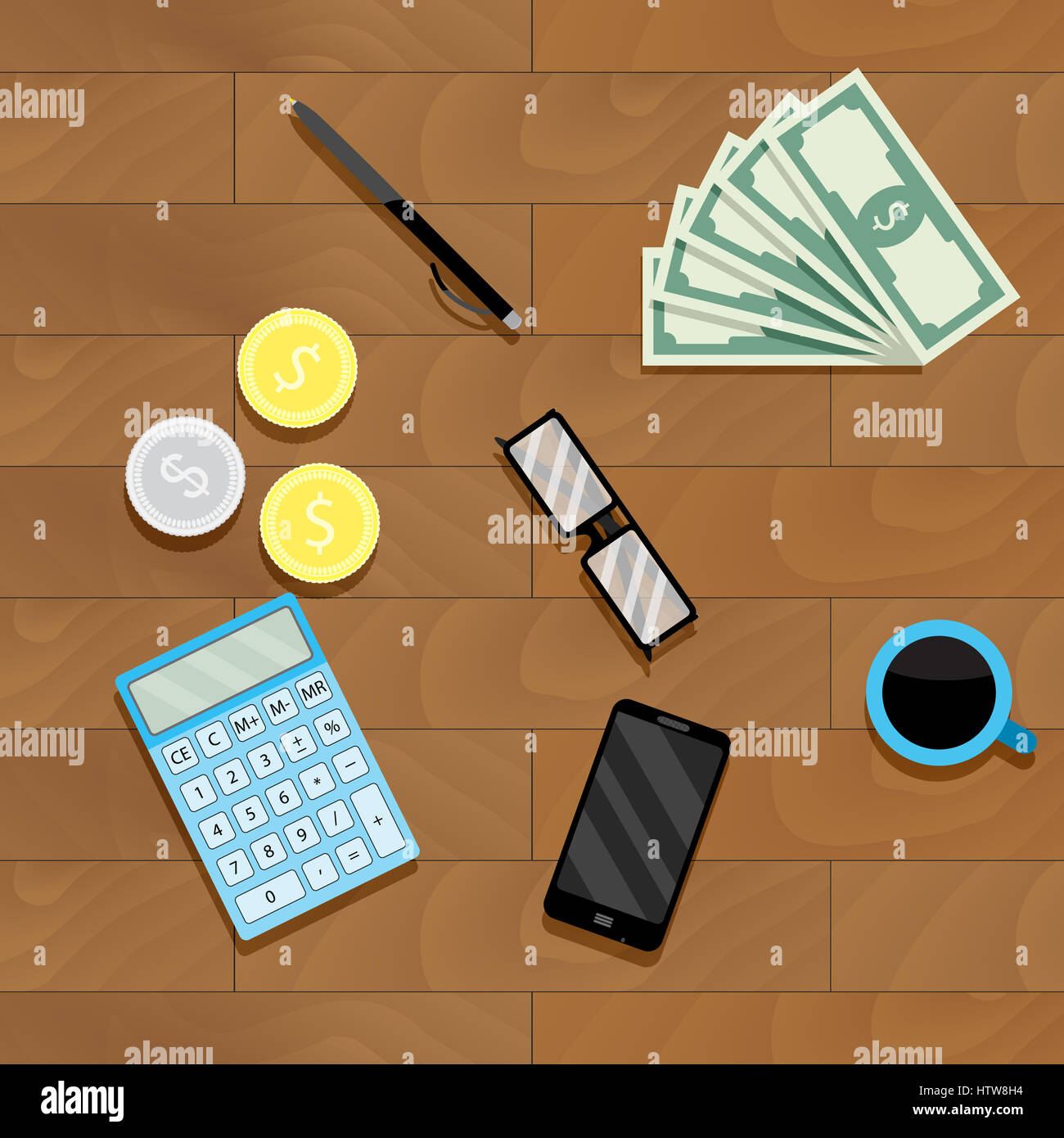 Berechnung Geld Draufsicht. Finanzen Sie Einkommen Audit, Währung und Papierkram, Lohn-Buchhaltung-Vektor-illustration Stockfoto