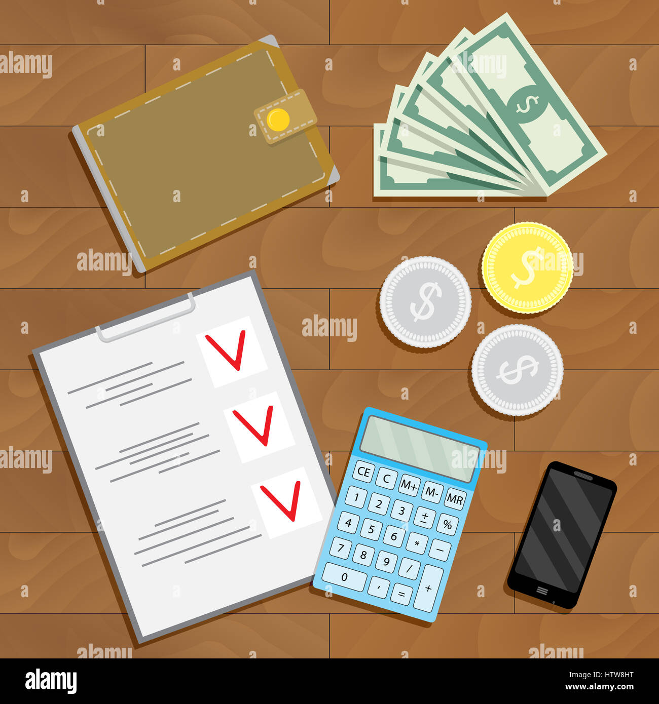 Rechnungslegung und Prüfung. Finanzen-Checkliste auf Schreibtisch, Vektor-illustration Stockfoto