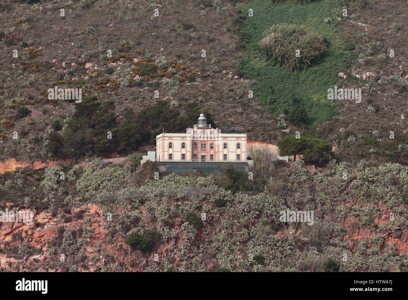 Rundumleuchte auf dem Berg Montjuic Hang. Barcelona, Spanien Stockfoto