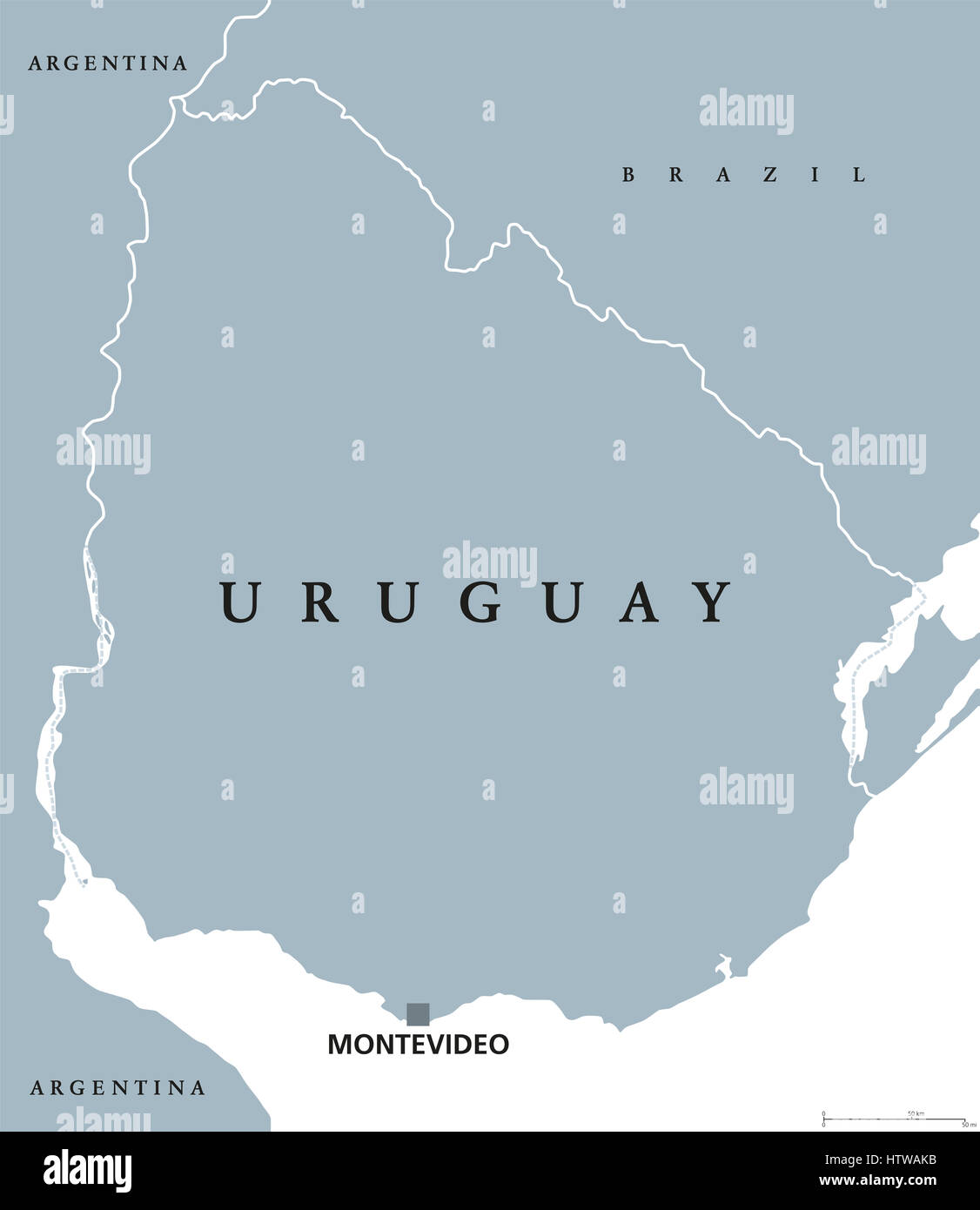 Uruguay politische Karte mit Hauptstadt Montevideo, nationale Grenzen und Nachbarn. Orientalische Republik und Land in Südamerika. Graue Abbildung. Stockfoto