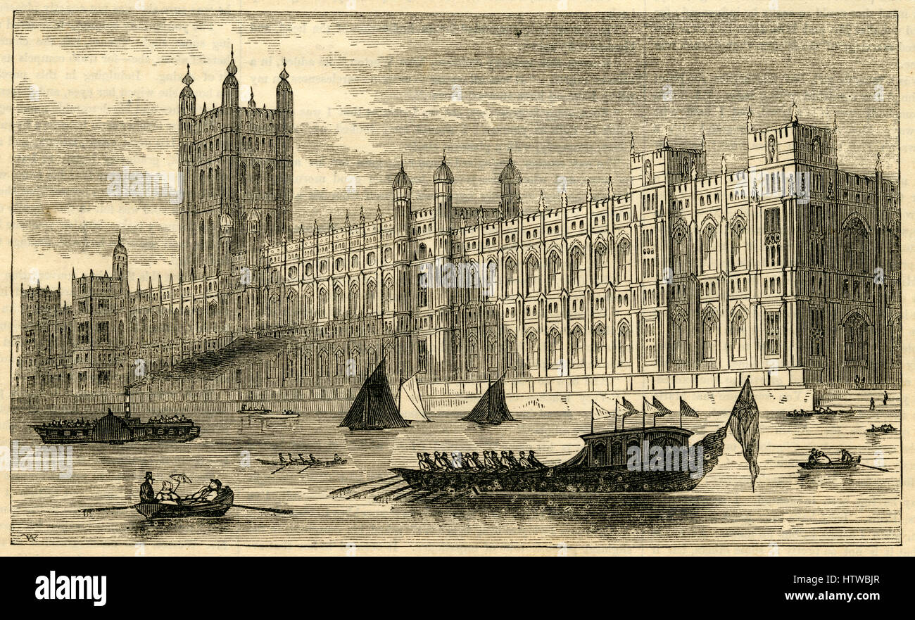 Antiken 1854 Gravur, "Ansicht von den Houses of Parliament in London." QUELLE: ORIGINAL GRAVUR. Stockfoto