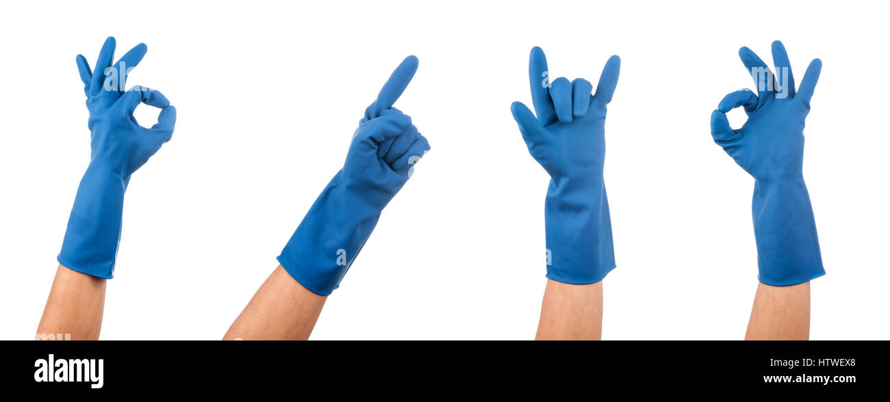 Handgesten in blaue Gummihandschuh über weißem Hintergrund Stockfoto