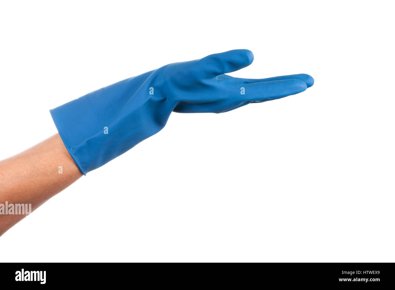 Handgesten in blaue Gummihandschuh über weißem Hintergrund Stockfoto