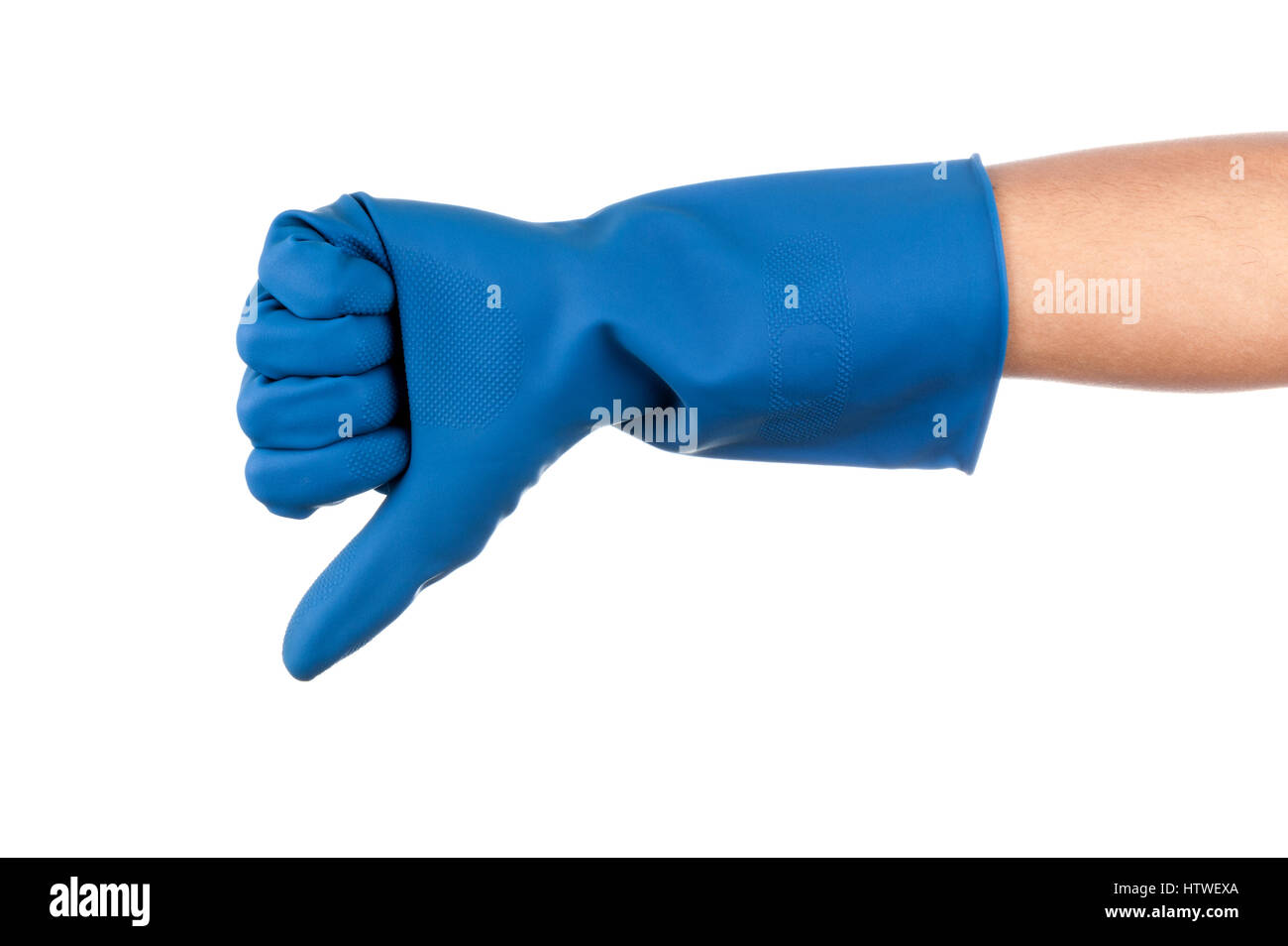 Handgesten in blaue Gummihandschuh über weißem Hintergrund Stockfoto