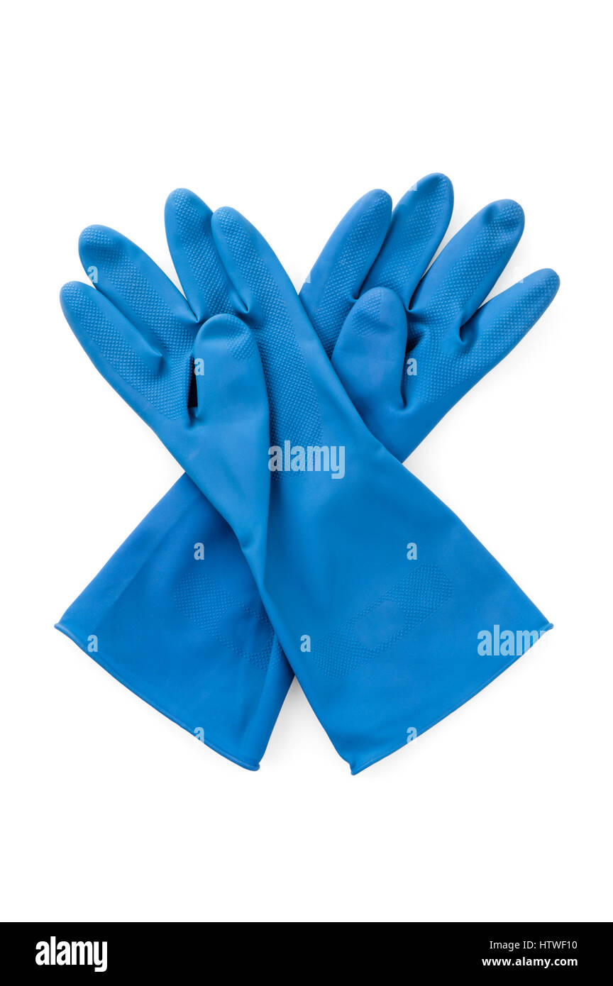 blaue Gummihandschuh isoliert auf weißem Hintergrund, persönliche Schutzausrüstung Stockfoto