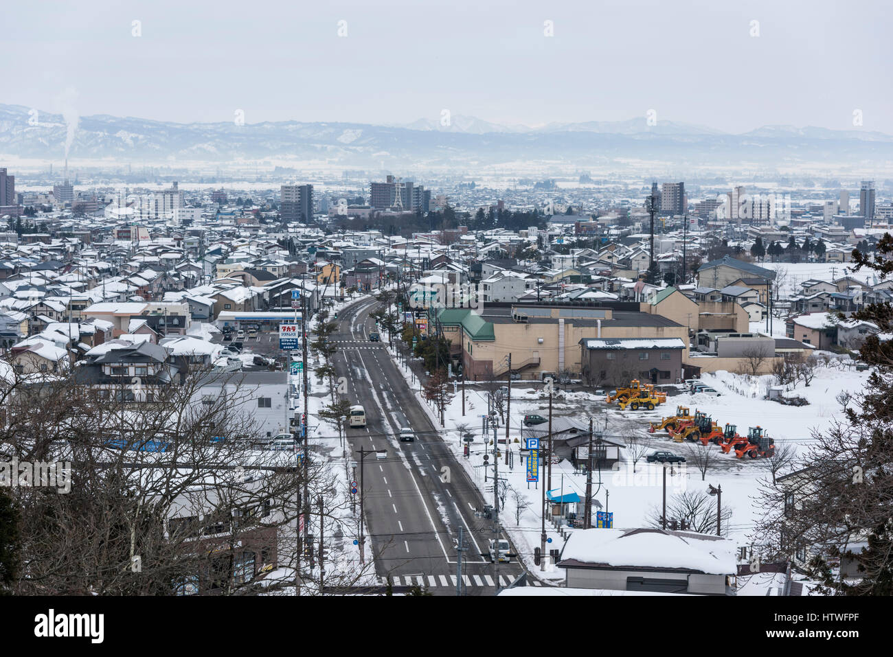Gesamtansicht der Aizuwakamatsu Stadt, Blick vom Mt.Iimori, Aizuwakamatsu Stadt Fukushima Präfektur, Japan Stockfoto