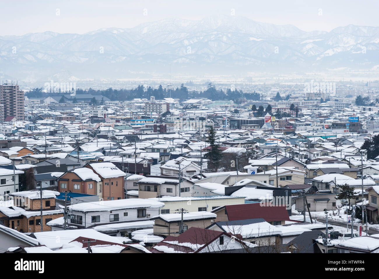 Gesamtansicht der Aizuwakamatsu Stadt, Blick vom Mt.Iimori, Aizuwakamatsu Stadt Fukushima Präfektur, Japan Stockfoto