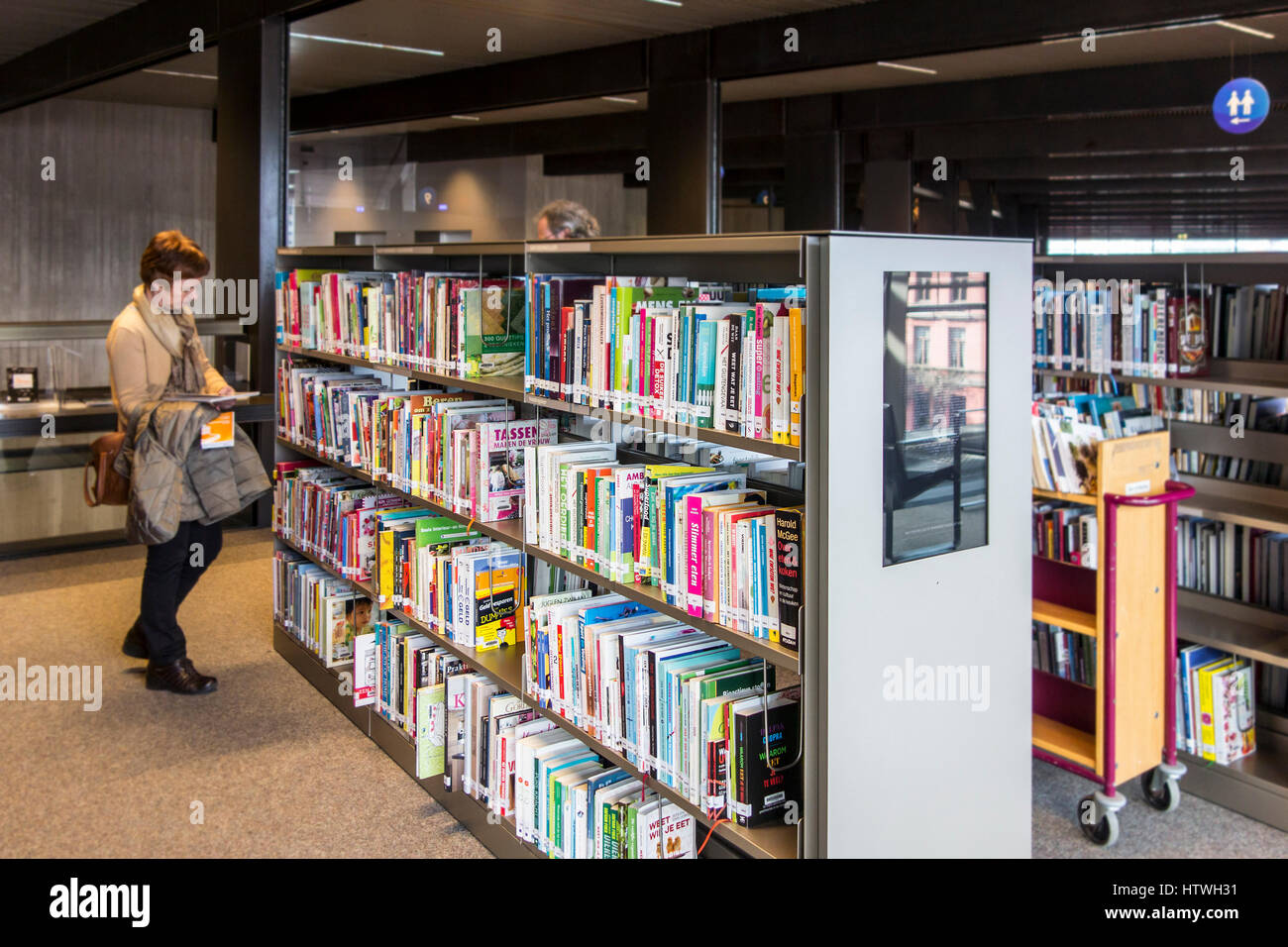 Frau liest Buch und Bücherreihen in Bücherregale in Public library Stockfoto