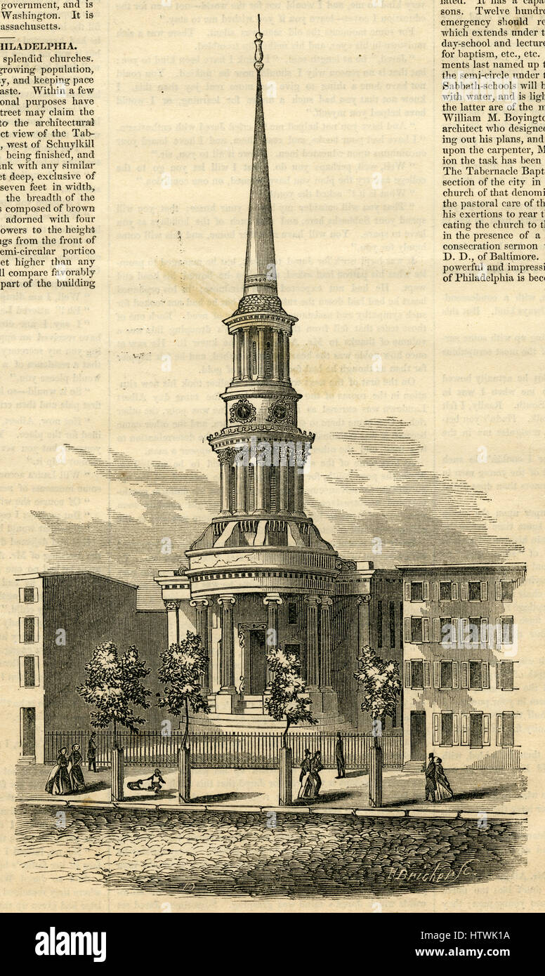 Antiken 1854 Gravur, "Tabernacle Baptist Church, West Chestnut Street, Philadelphia." QUELLE: ORIGINAL GRAVUR. Stockfoto
