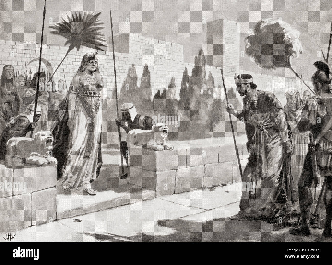 Cleopatra besucht Herodes in Jerusalem, 33 v. Chr. Kleopatra VII Philopator, 69-30 v. Chr..  Letzte aktive Herrscher der ptolemäischen Ägypten.  Herodes, 74/73 v. Chr. – 4 v. Chr., aka Herodes dem großen und Herod I. King von Judäa.  Hutchinson Geschichte der Nationen veröffentlichte 1915. Stockfoto