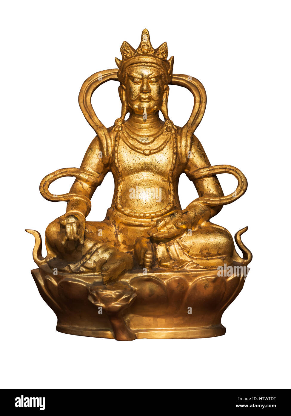 König chinesische goldene Buddha-Statue, die isoliert auf weißem Hintergrund Stockfoto