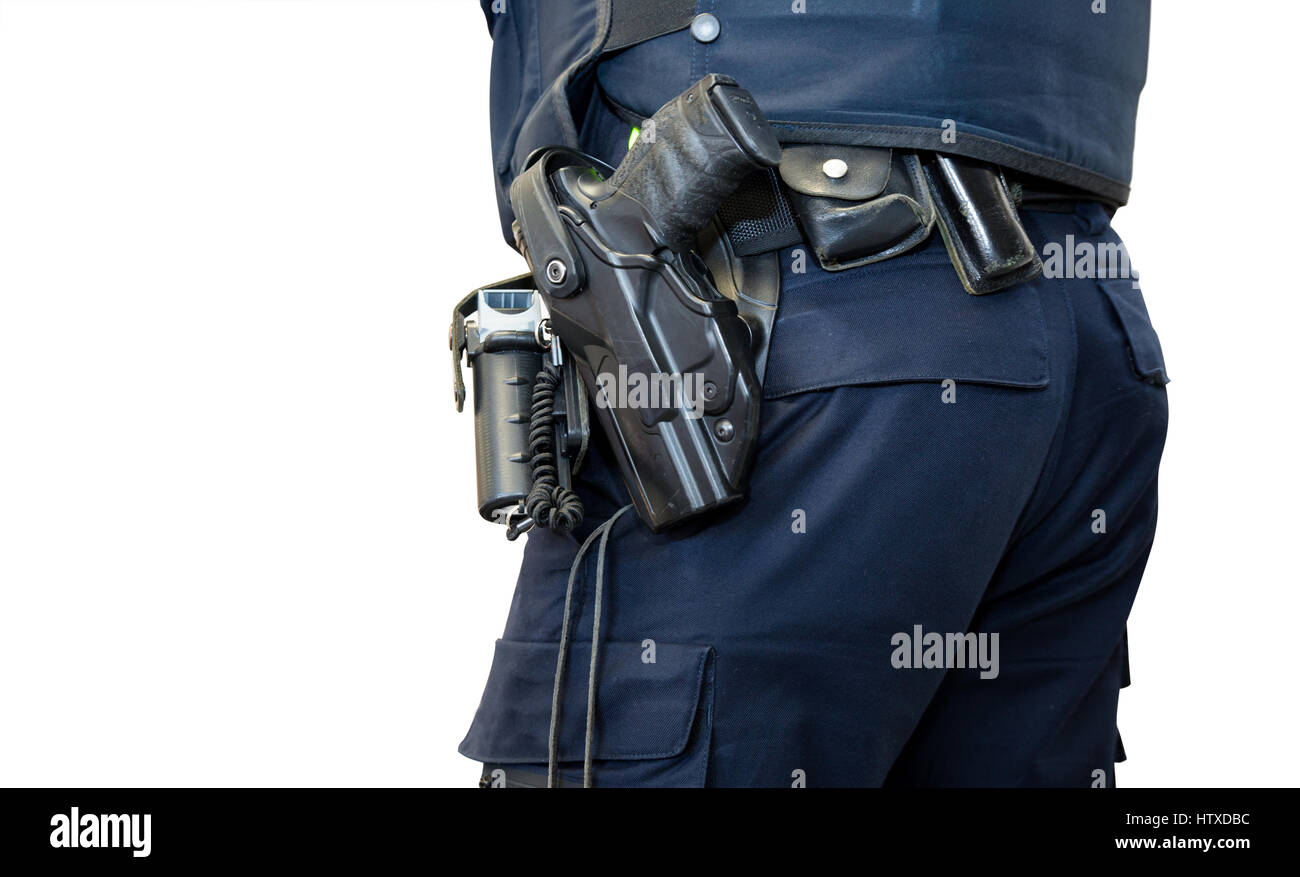 Polizist, mit Pistole Gürtel, Handschellen, Pistole und Pfeffer-spray  Stockfotografie - Alamy
