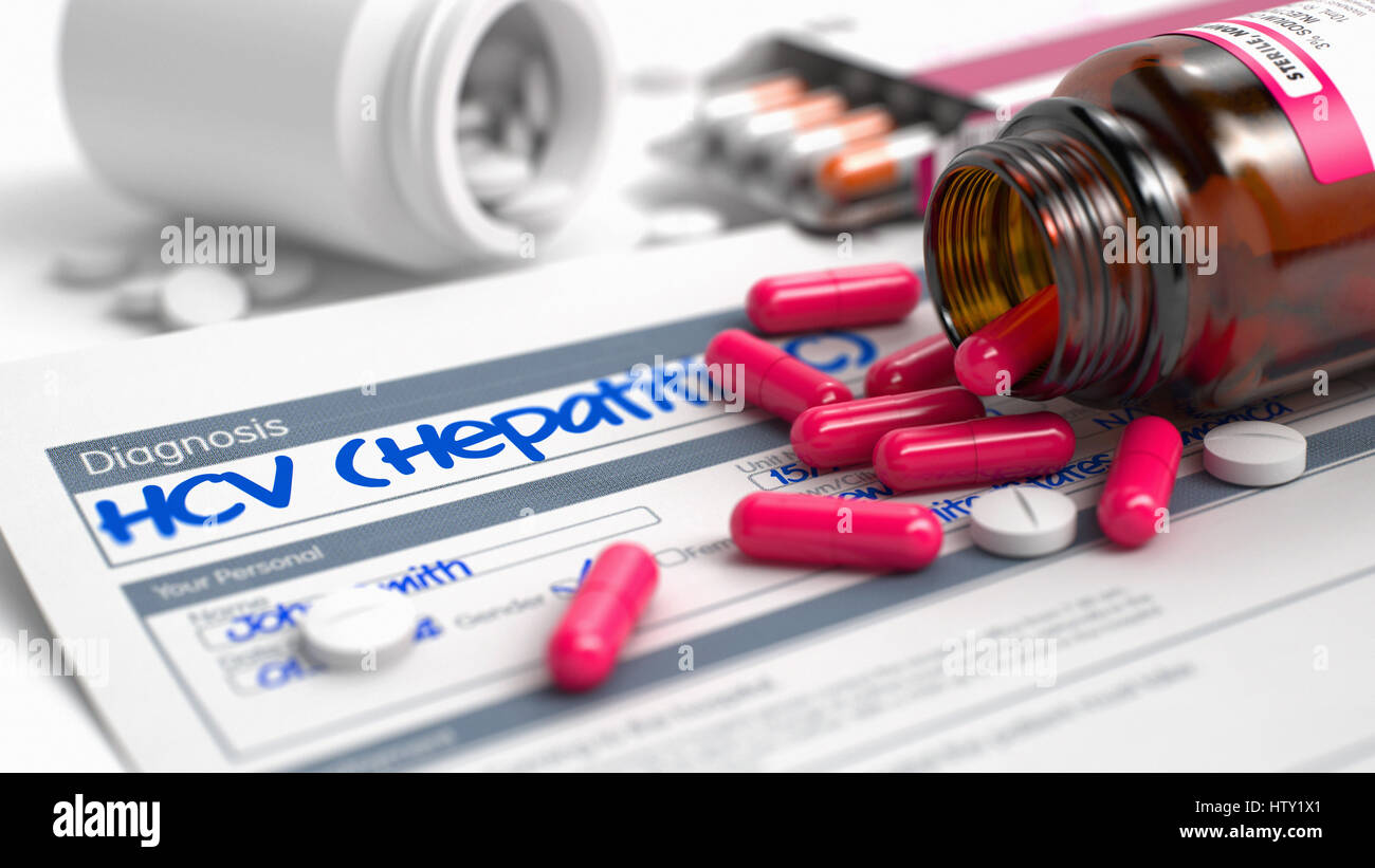 HCV - Formulierung in der Geschichte der vorliegenden Erkrankung. 3D Render. Stockfoto