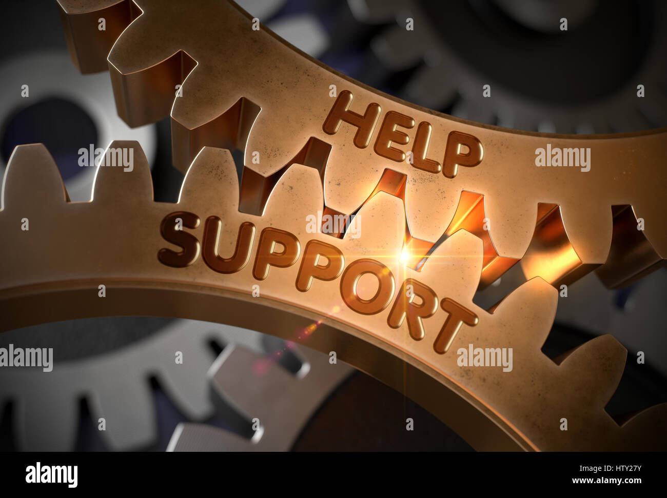 Hilfe Support-Konzept. Goldene Zahnräder. 3D Illustration. Stockfoto