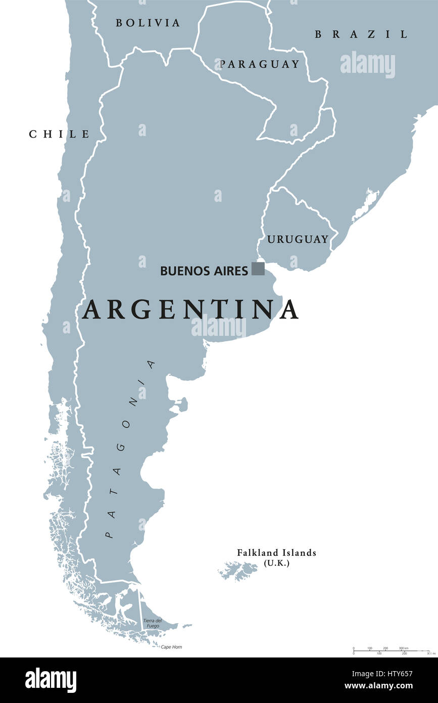 Argentinien politische Karte mit Hauptstadt Buenos Aires, nationale Grenzen und Nachbarländern. Republik in Südamerika. Graue Abbildung. Stockfoto