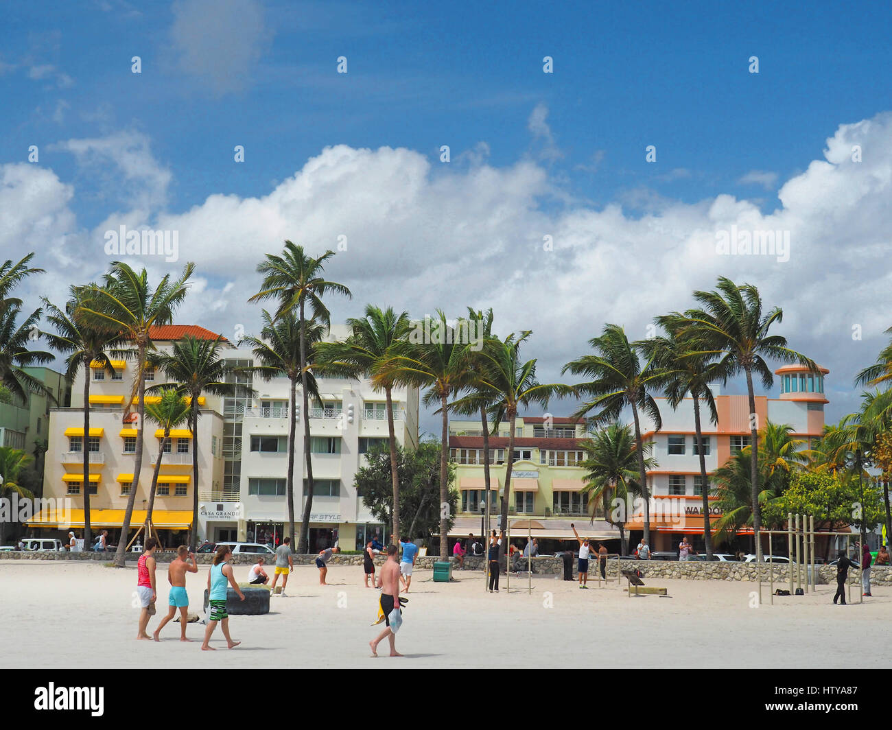 Art-Déco-Hotels von Strand auf South Miami Beach. Stockfoto