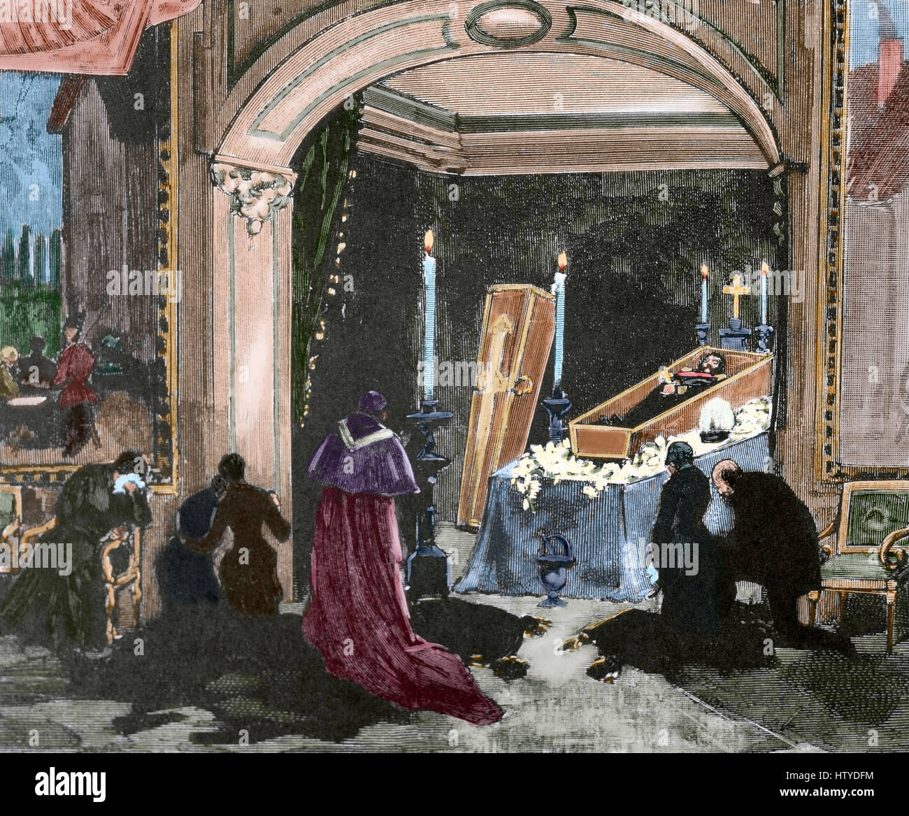 Spanien. Madrid. Der König Alfonso XII von Spanien (1857-1885) liegen in Ruhestellung im königlichen Palast von El Pardo. Die verwitwete Königin Maria Cristina (1858-1929) und andere Persönlichkeiten haben eine Totenwache über seine Leiche. Gravur. Farbige. Stockfoto