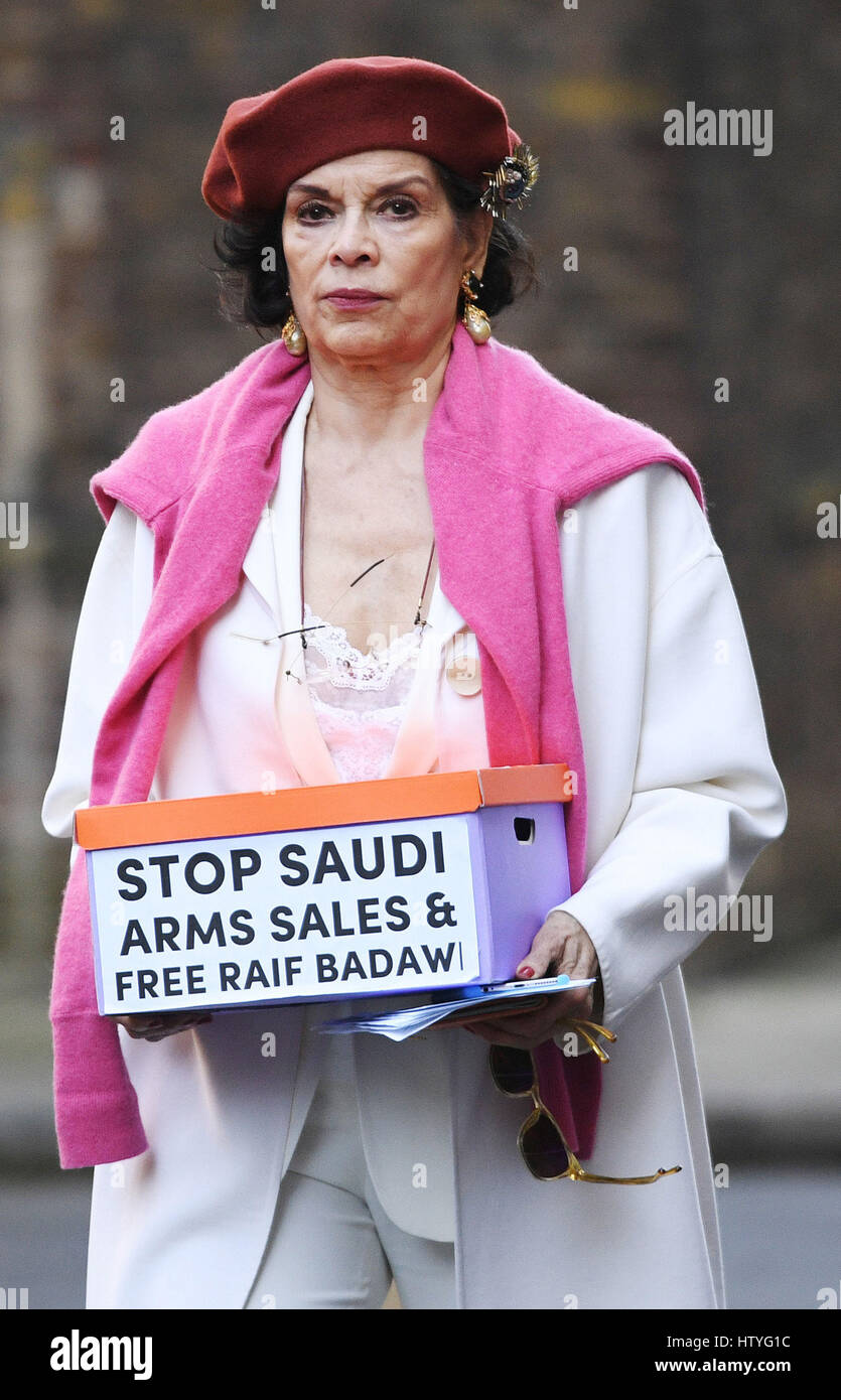 Bianca Jagger kommt in 10 Downing Street in London, um hand in eine Petition auf Premierminister Theresa May, UK zu stoppen Waffenverkäufe nach Saudi Arabien. Stockfoto